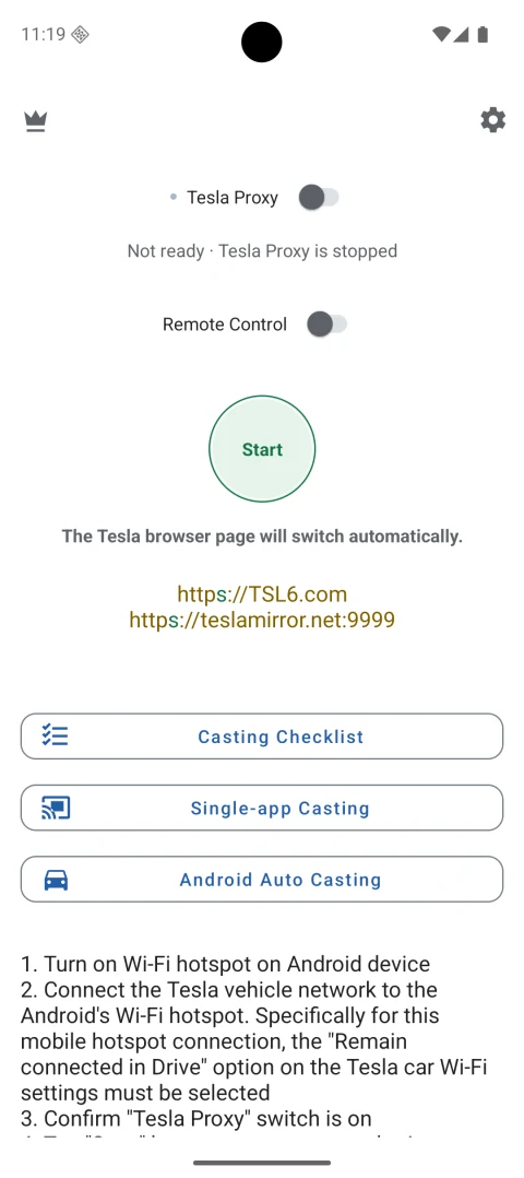 Earlier Android app screenshot, before the TslaMirror rename: version 10.03 in English light mode, showing https://TSL6.com, Single-app Casting, and Android Auto Casting.
